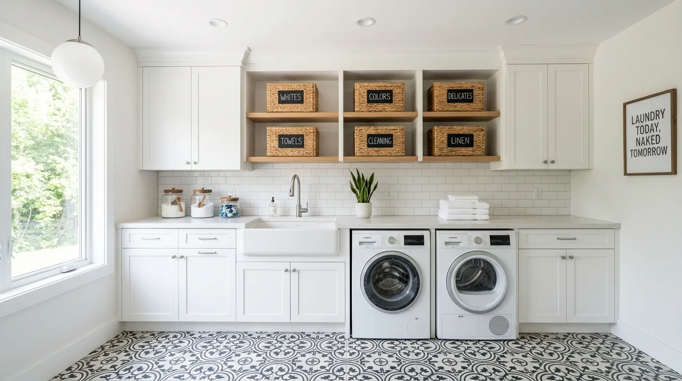 Use hooks to catch the things that drift inspiration for an organized laundry room.